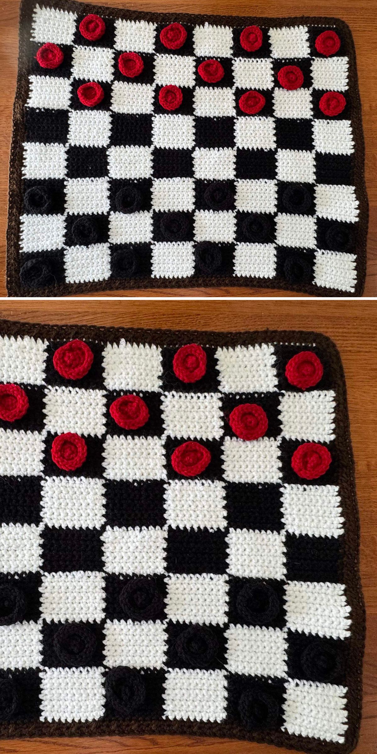 A crocheted checkerboard with red and black crocheted pieces, perfect as a unique crochet baby toy, is displayed on a wooden surface.