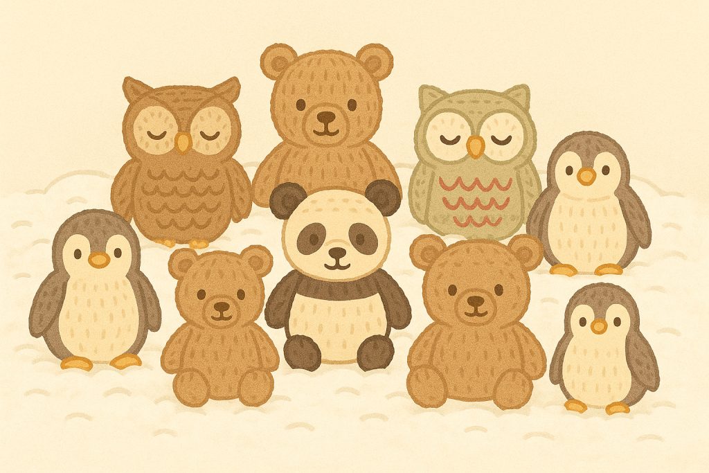 Nine cartoon-style stuffed animals, including two penguins, three bears, a panda, and two owls, are arranged in rows on a light textured background—perfect inspiration for crochet winter patterns.