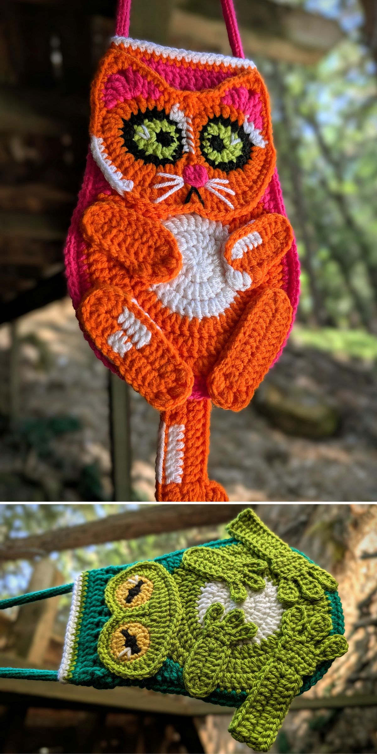 Two crocheted animal bags—a crochet bag for kids shaped like an orange cat with pink accents and a green owl with yellow details—are displayed outdoors against a softly blurred natural background.