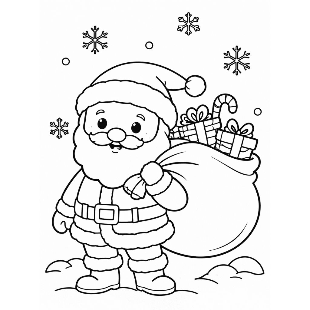 A cartoon Santa Claus stands in snow, holding a sack filled with presents and candy canes, with snowflakes falling in the background—perfect for free printable Christmas coloring pages.