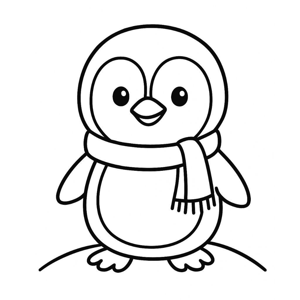 A simple line drawing of a penguin wearing a scarf, standing on a small mound with a blank background—perfect for winter coloring pages.