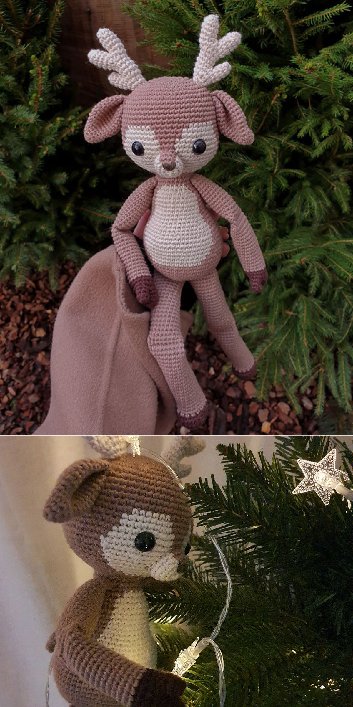 A hand holds a crochet reindeer doll outdoors near evergreen trees. The crochet reindeer is later placed indoors next to a decorated Christmas tree.