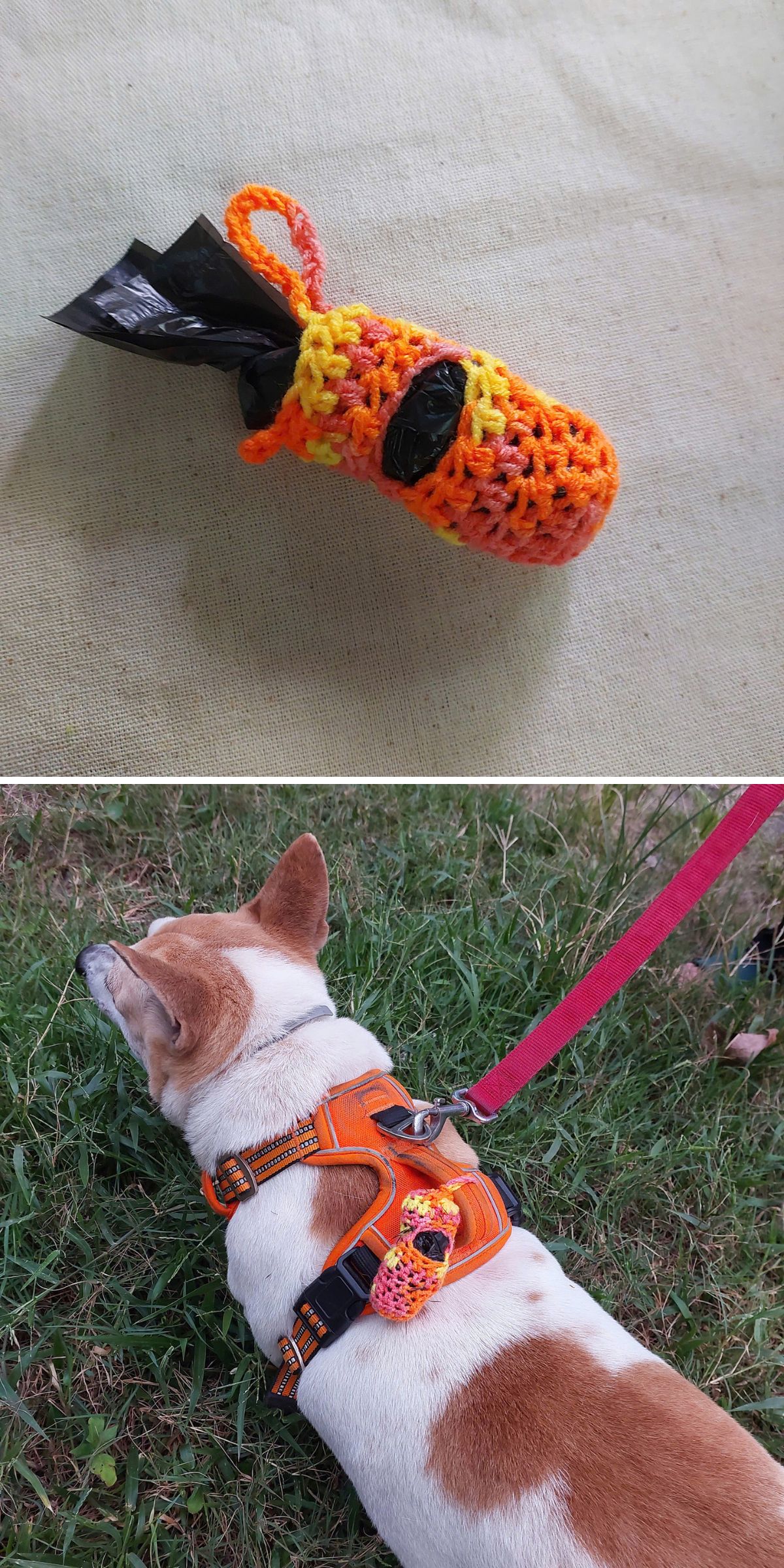 A small crocheted pouch for black bags, shown separately and attached to a dog's harness during a walk—perfect to complement your favorite Crochet Dog Accessories.