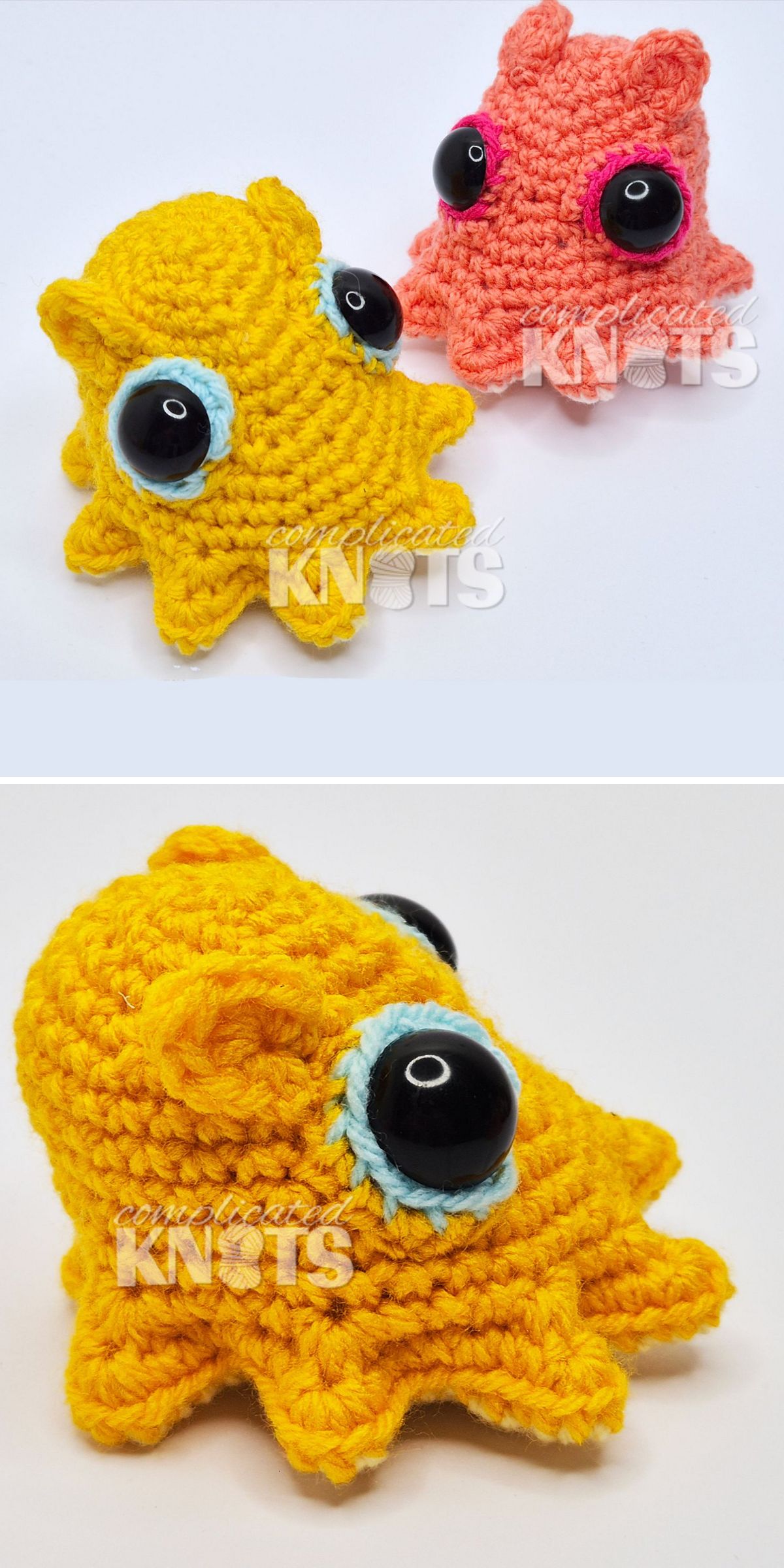 two cute amigurumi dumbo octopuses in yellow and orange
