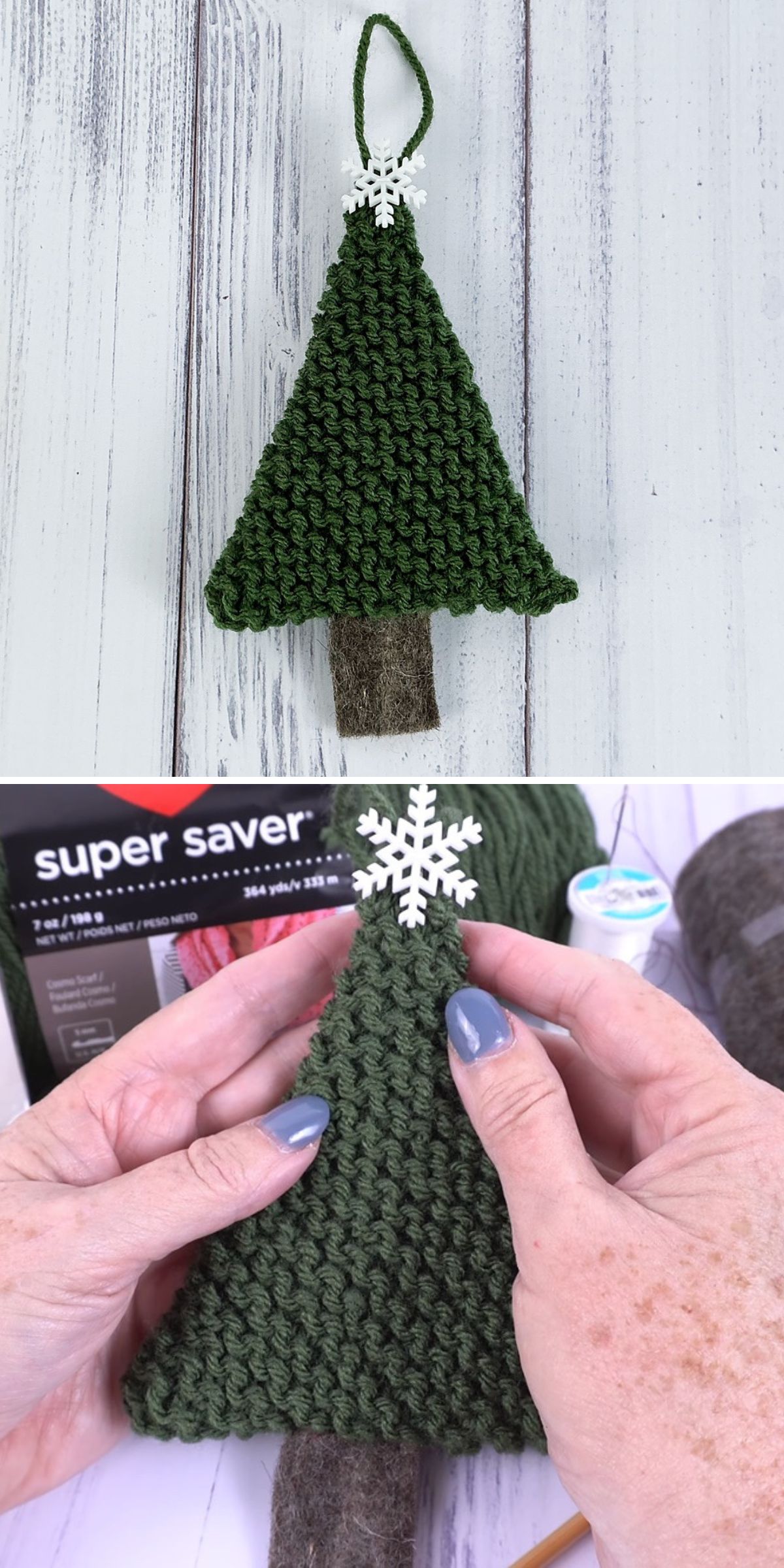 A knitted green Christmas tree ornament with a snowflake at the top and a brown trunk, shown alone and being held during crafting—perfect for adding handmade charm to your Christmas baubles collection.