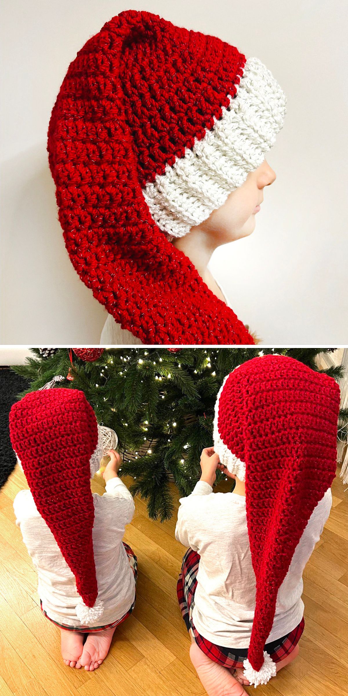 A child wearing a Crochet Christmas Hat in red and white sits in profile; two children with similar hats are gathered in front of a Christmas tree.