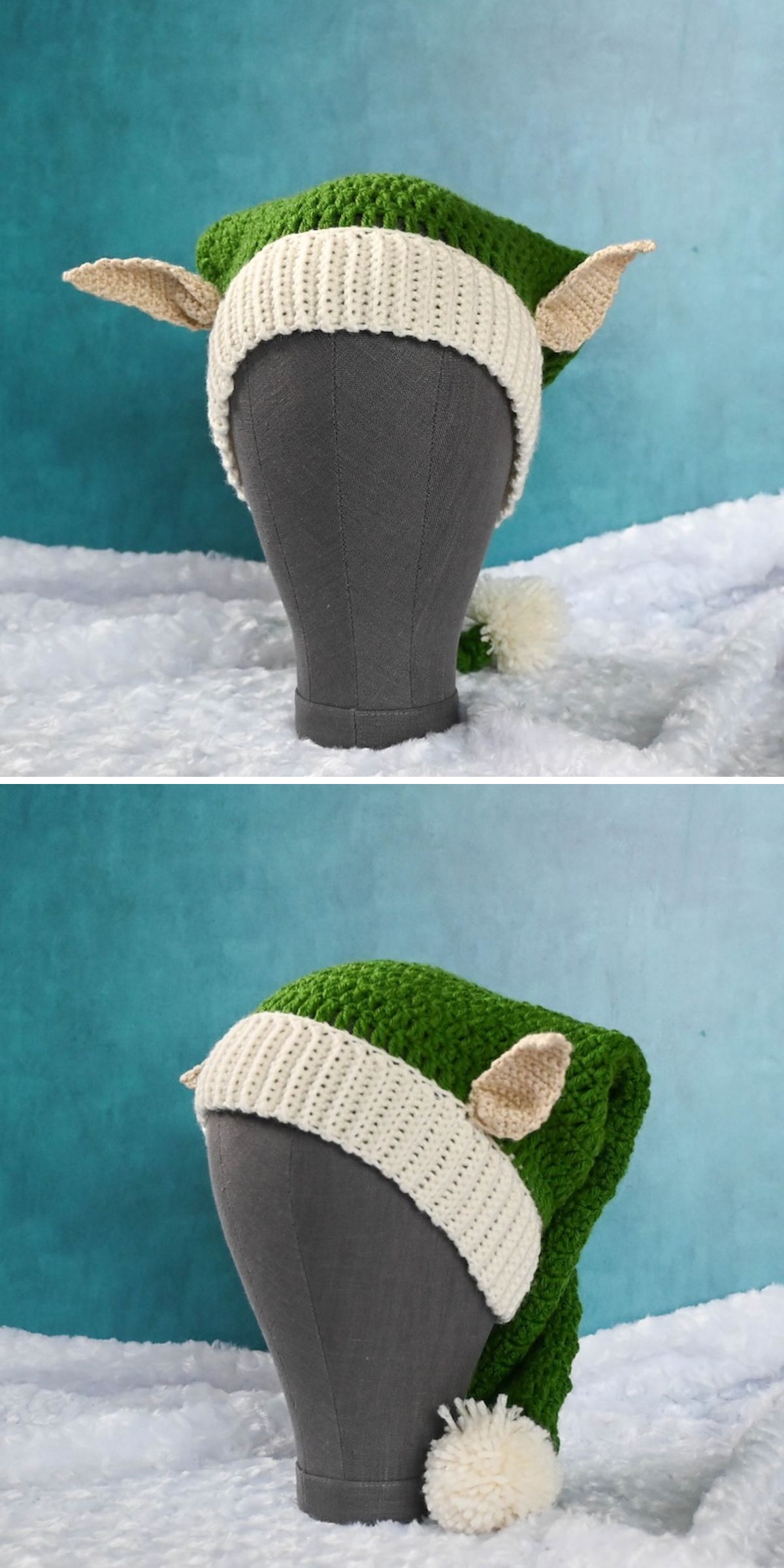 A green and white Crochet Christmas Hat with pointed elf ears and a white pom-pom, displayed on a gray mannequin head against a blue background.