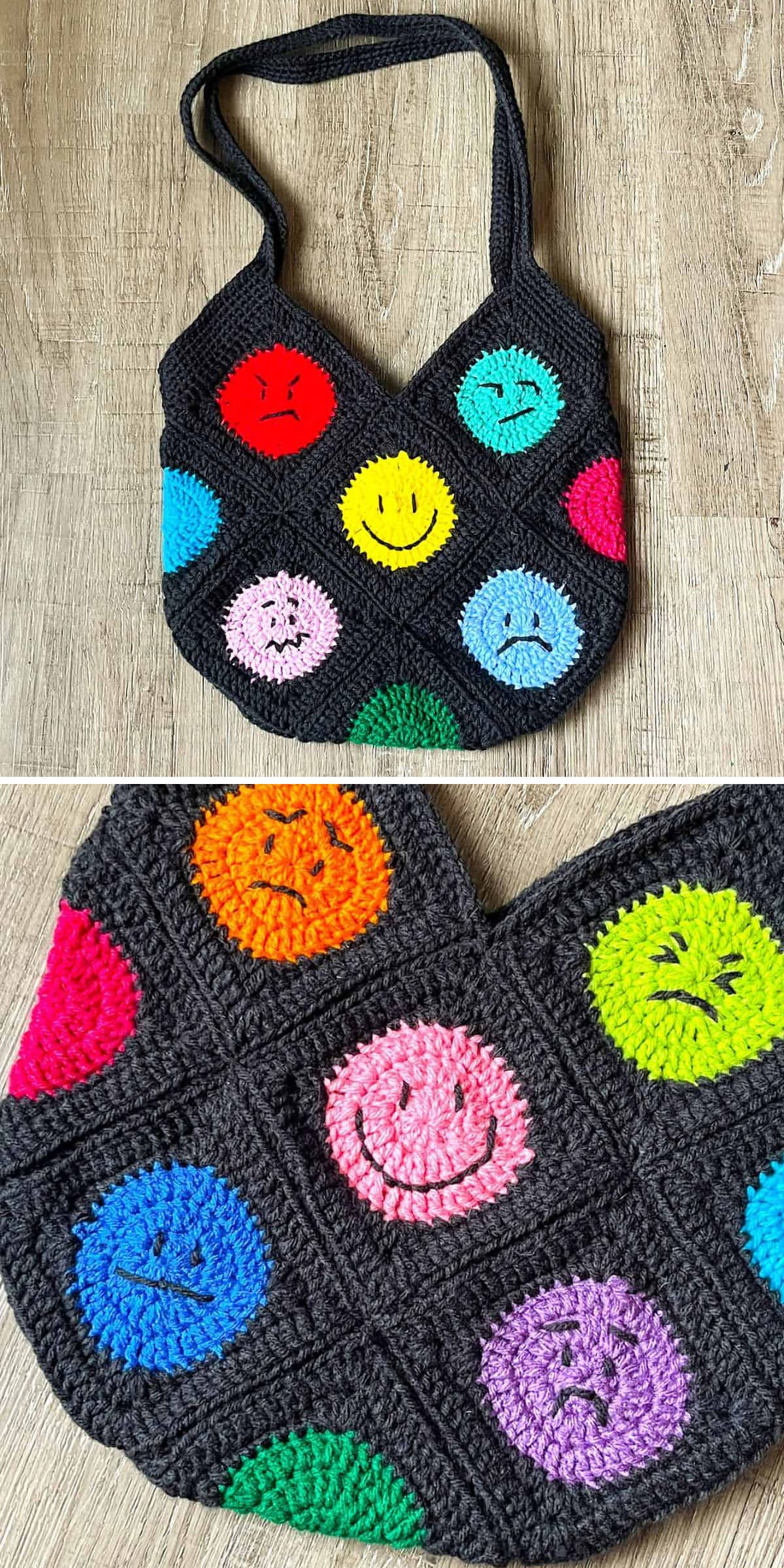 crochet granny squares bag with bright emoji circles