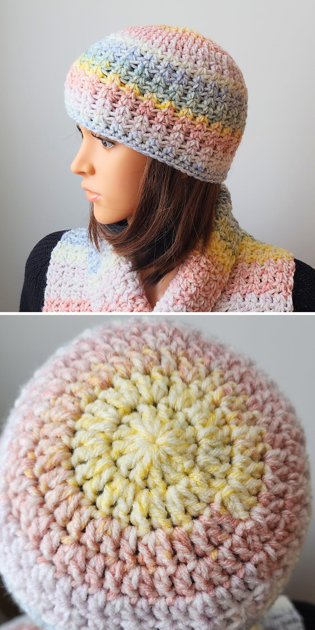 A mannequin wears a pastel multicolored crochet beanie and matching scarf; the bottom image shows a close-up of the top of the hat, highlighting its intricate stitch pattern.