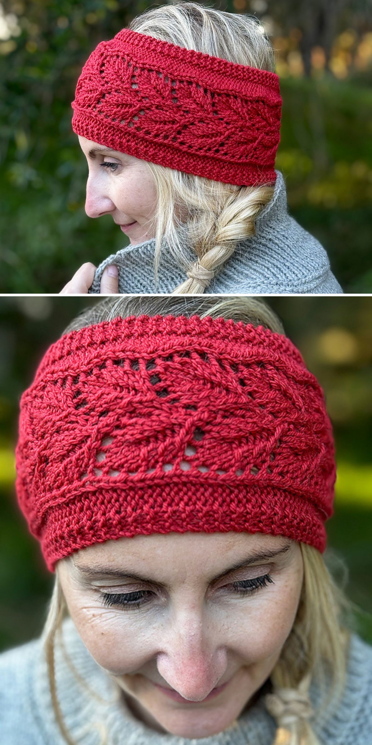 A woman wears a red knitted headband with a leaf pattern, shown from the side and front in an outdoor setting—perfect for those seeking free knitting patterns or fans of stylish headbands.