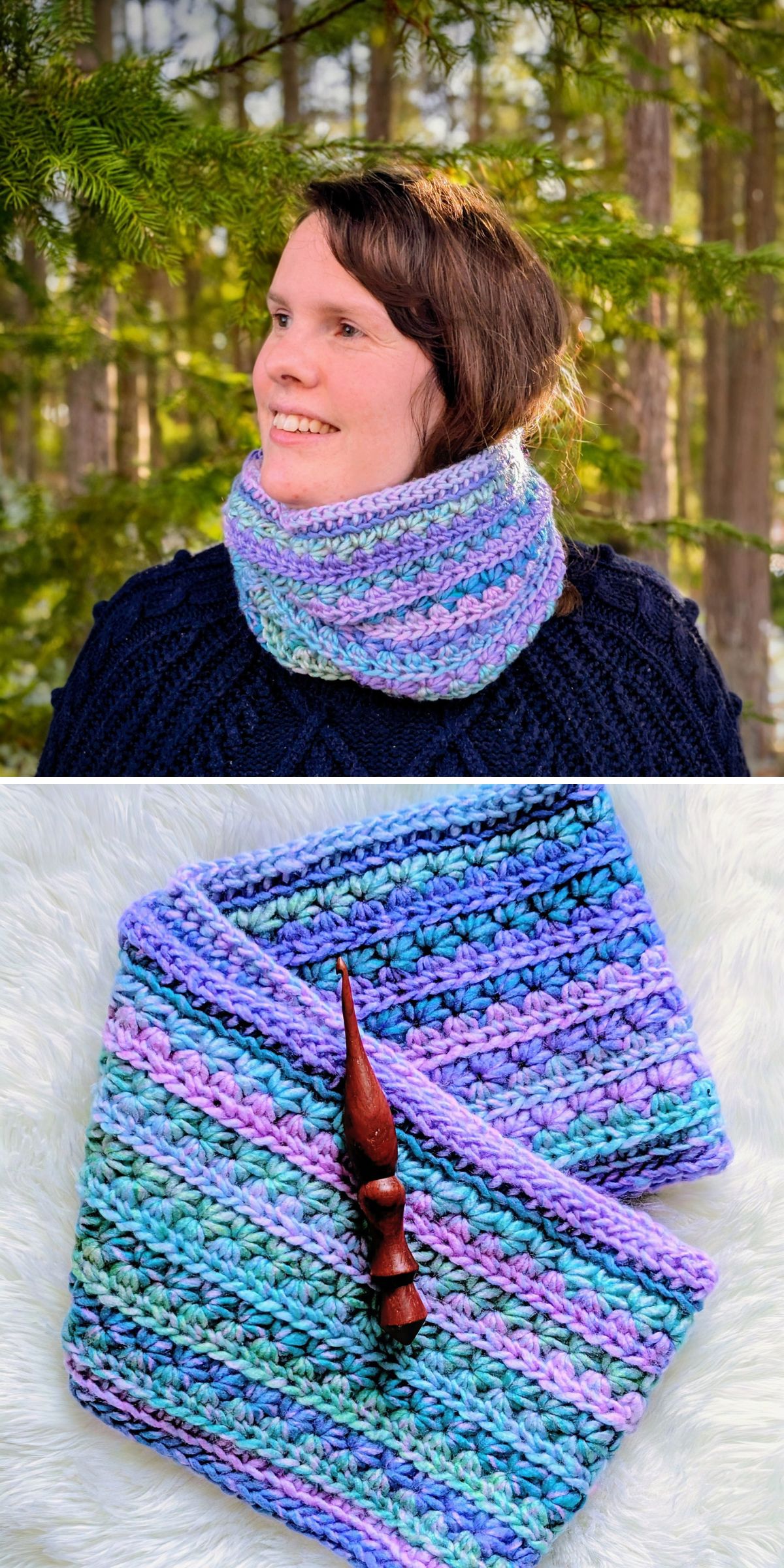 A woman wears a crocheted infinity scarf in shades of blue, green, and purple; below is a close-up of the Crochet Infinity Scarf with a wooden crochet hook on a white surface.
