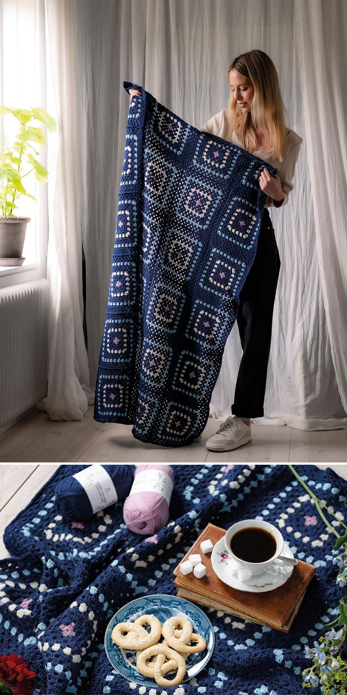 a modern crochet granny square blanket in dark blue and blue colors