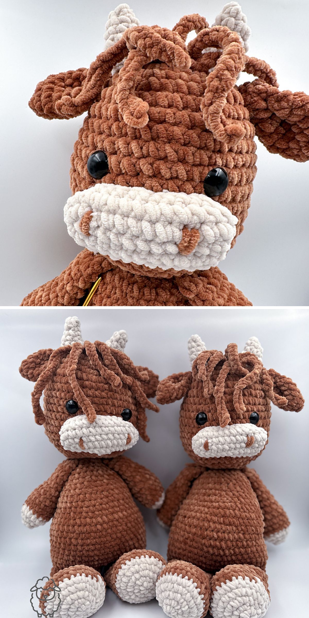 Three adorable crochet cows with brown bodies, white snouts, feet, and horns, and black button eyes are shown against a plain, light background.