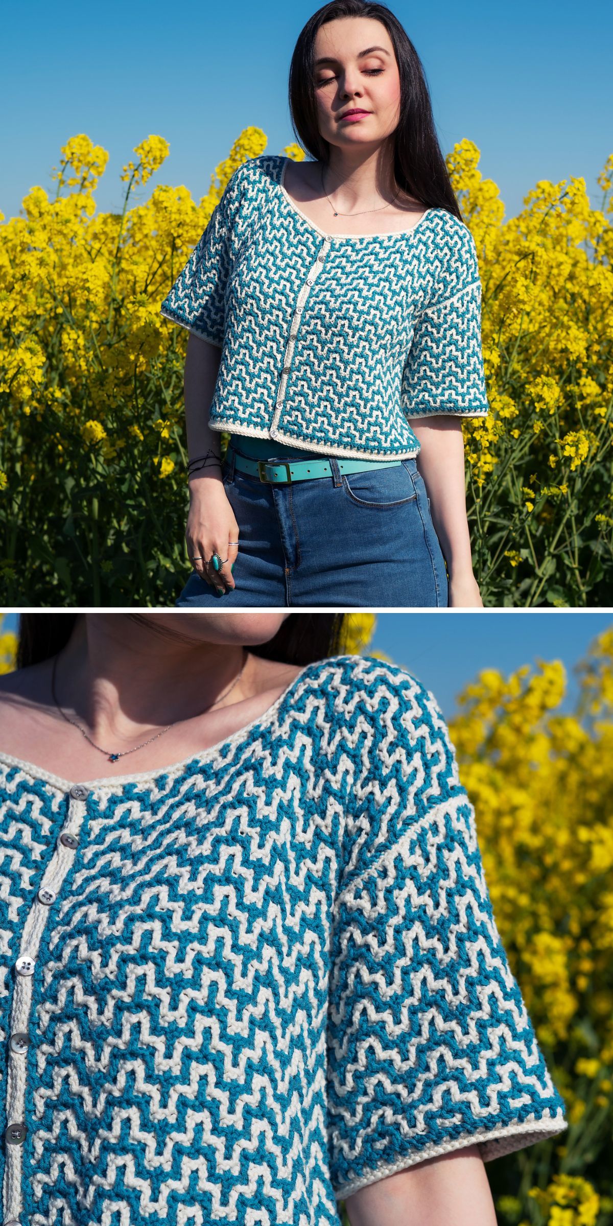 A woman stands in front of yellow flowers, wearing a blue and white patterned crochet cardigan with buttons, paired with blue jeans and a matching belt. Close-up shows the detailed fabric texture.
