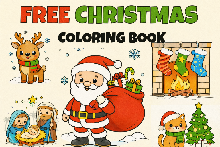 Cover of a free Christmas coloring book for kids featuring Santa, a reindeer, a nativity scene, a cat near a decorated tree, and stockings hanging by the fireplace — perfect for festive Christmas coloring pages and free printable fun!