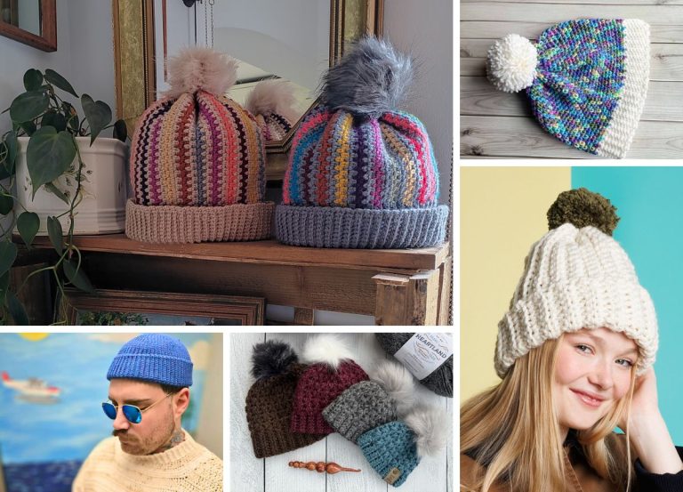 A collage of five images shows various colorful crochet hats and crochet beanies, some with pom-poms, displayed on surfaces or worn by people.