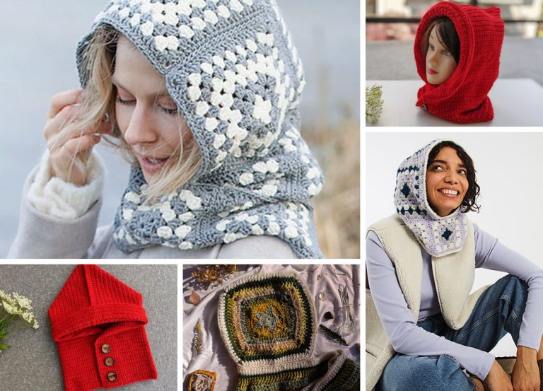 Collage of handmade hooded scarves in various styles, featuring crochet hood patterns like crocheted granny squares and bold crochet designs, modeled by women and displayed on a mannequin and flat surface.
