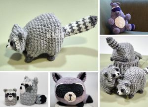 A collage of crocheted raccoon toys in various poses and styles, including sitting, stacked in a basket, and facing forward — perfect inspiration for woodland decor or anyone seeking cute crochet raccoon patterns.