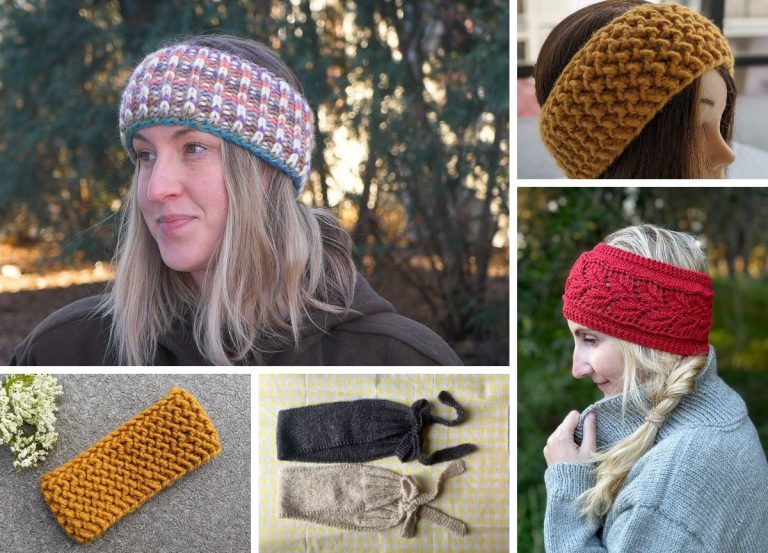 A collage of five headbands in various colors and styles, showcasing unique knitting patterns — modeled by women and displayed flat on a surface. Perfect inspiration for your next free headband project.