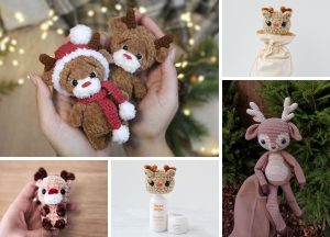 A collage of five crochet reindeer dolls in various poses and settings, including being held in hands, displayed with skincare products, and posed outdoors.