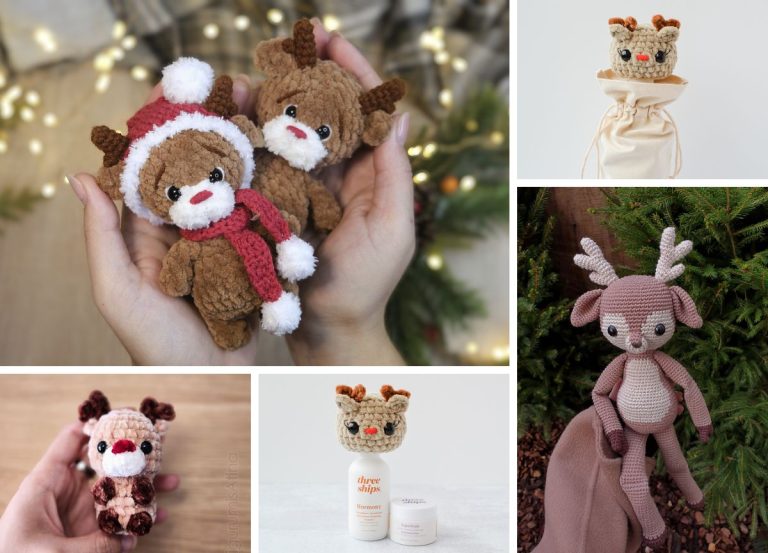 A collage of five crochet reindeer dolls in various poses and settings, including being held in hands, displayed with skincare products, and posed outdoors.