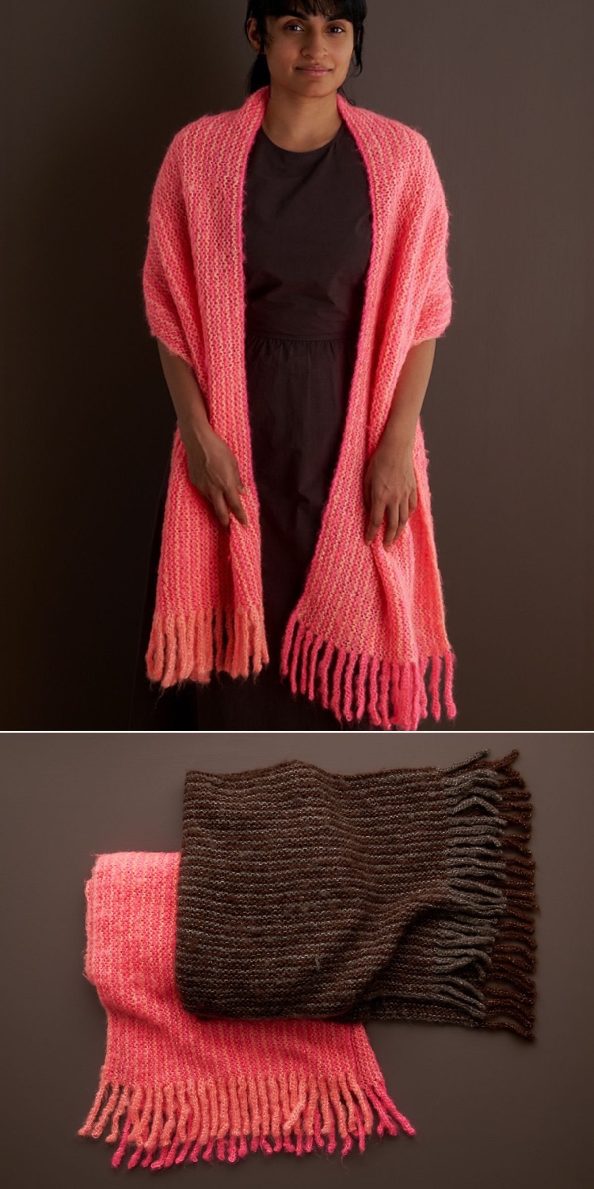 a woman with a bright red long knit scarf with fringes on her shoulders