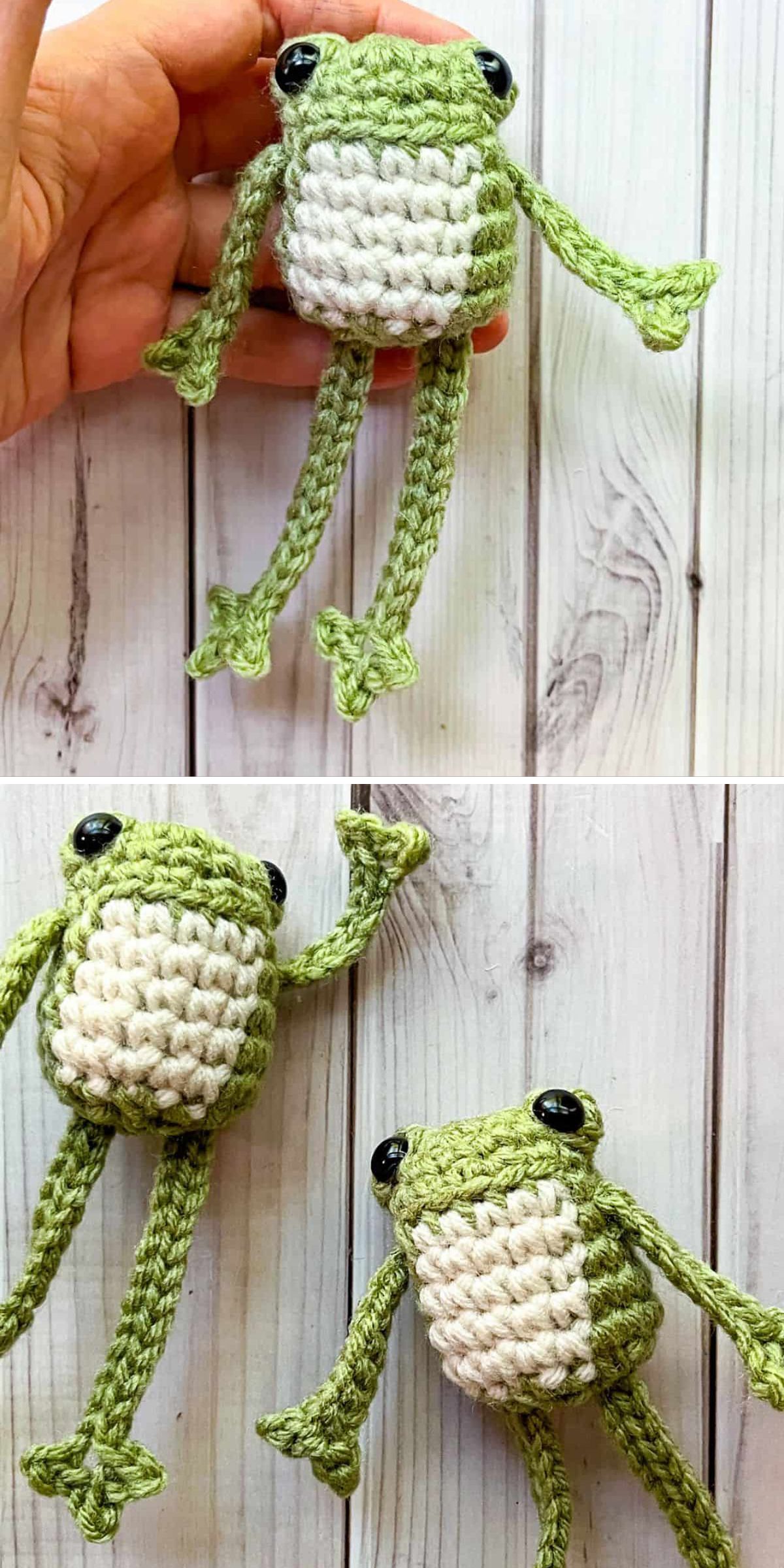 cute amigurumi frogs on the wooden surface