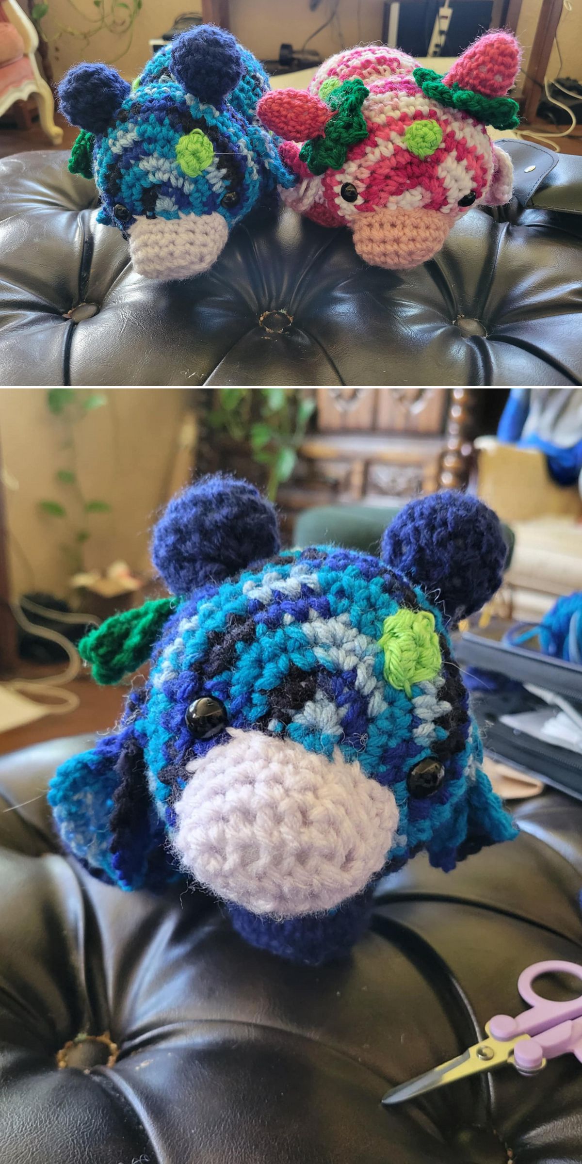 Two crocheted stuffed animals, including a charming blue crochet cow and a pink companion, sit on a dark leather surface; the bottom image shows a close-up of the blue crochet cow. Scissors are visible on the right.