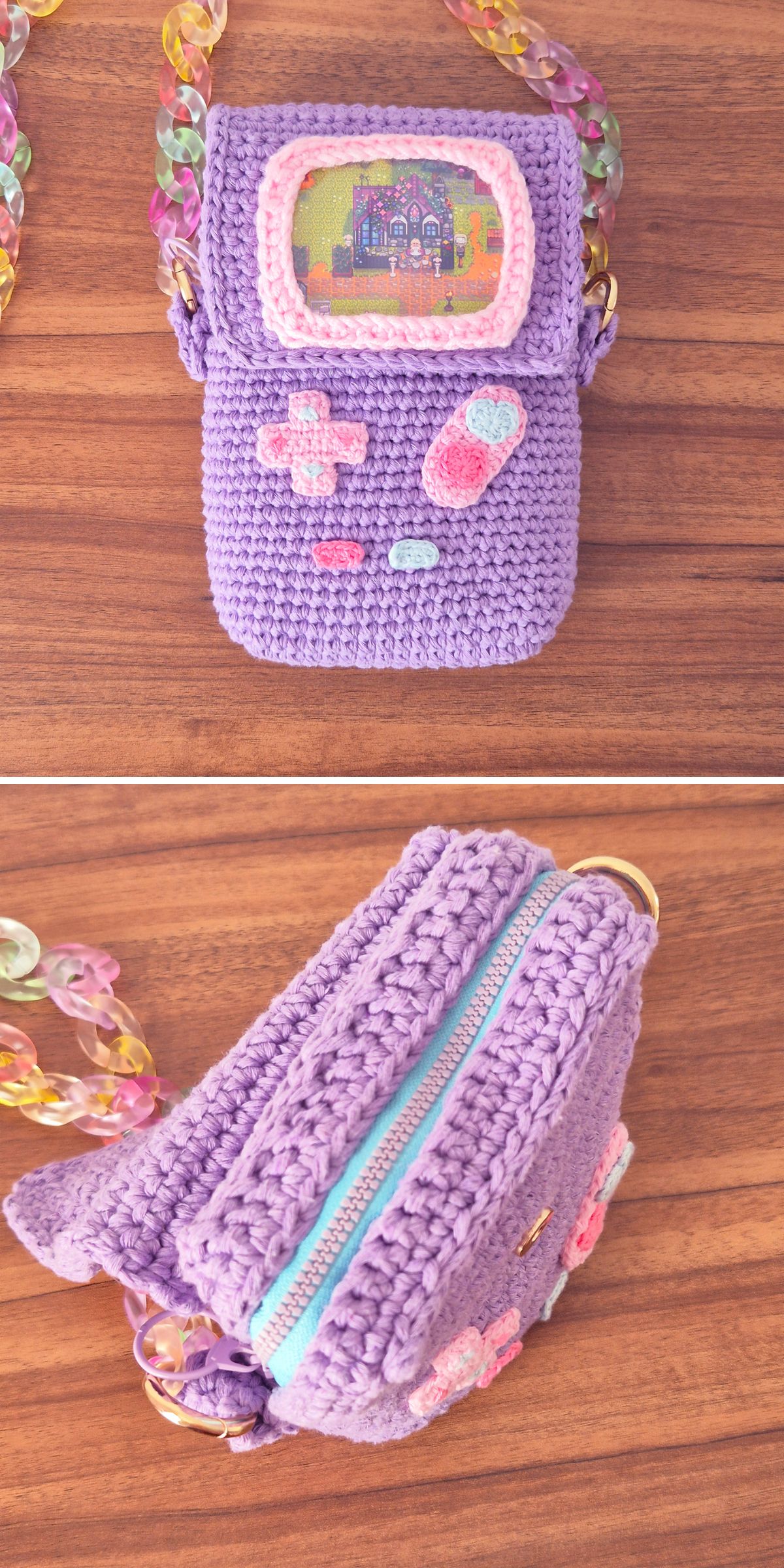 A pink crochet kids bag shaped like a Gameboy