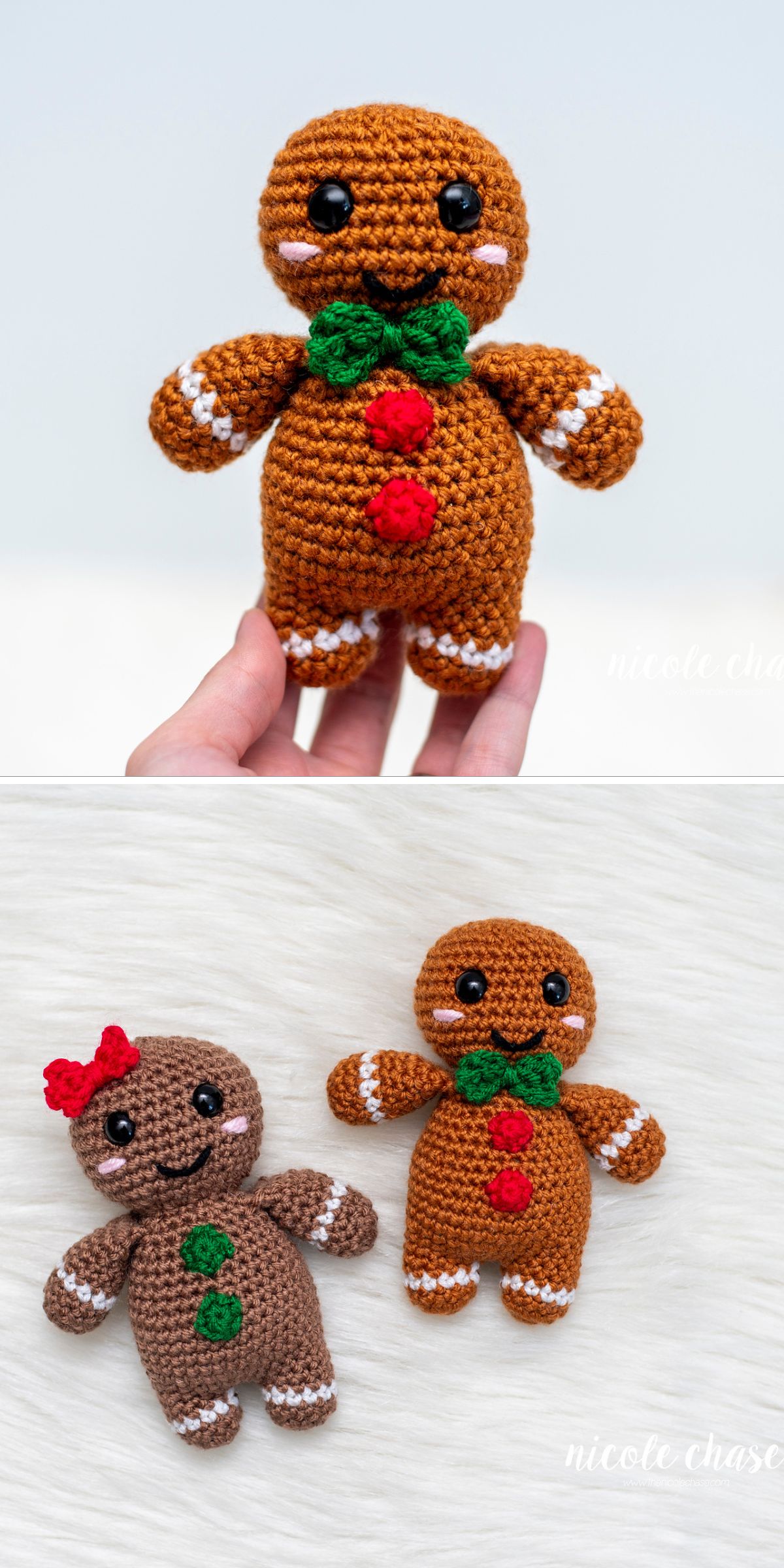 Two crochet gingerbread man dolls with black eyes and bows—one held in a hand, two more resting on a white surface, one wearing a red bow and the other sporting a green bowtie.