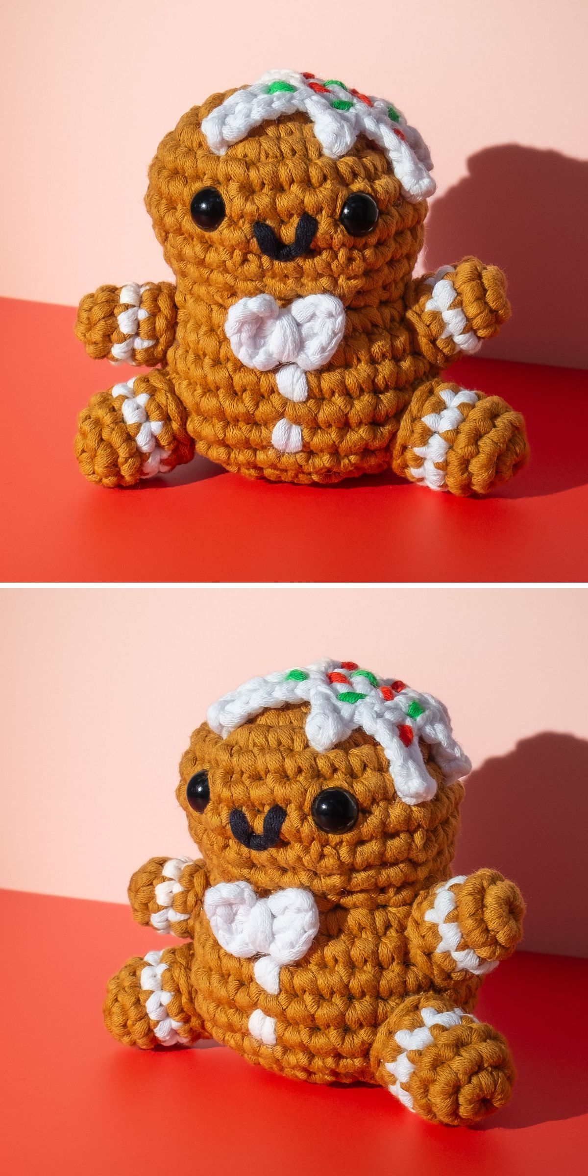 Two photos feature a crochet gingerbread man with white frosting details, black button eyes, and a white bow tie, displayed on a vibrant red and pink background.
