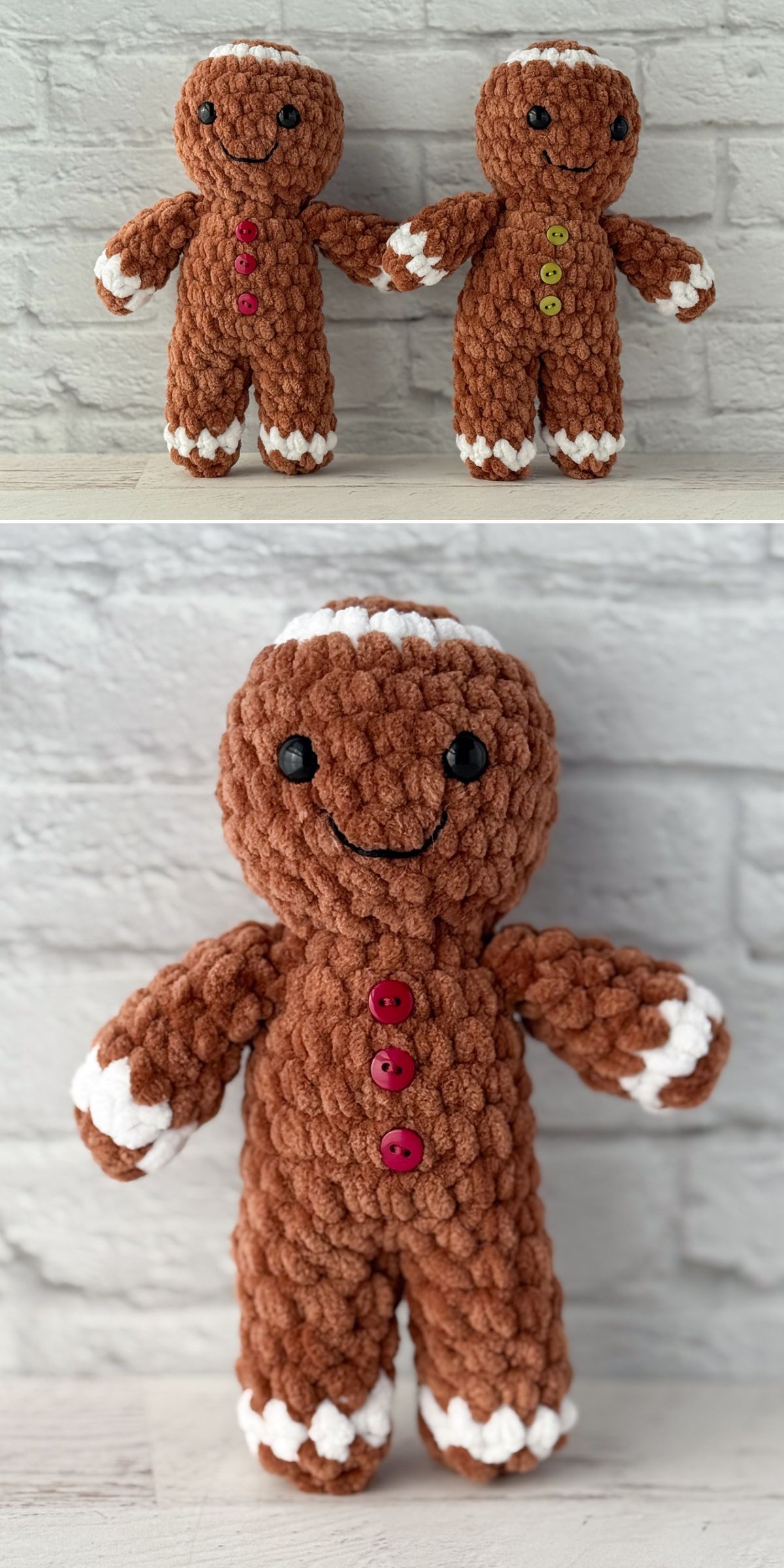 Two crochet gingerbread man dolls with red and pink buttons stand against a white brick wall; a close-up of one doll is shown below.