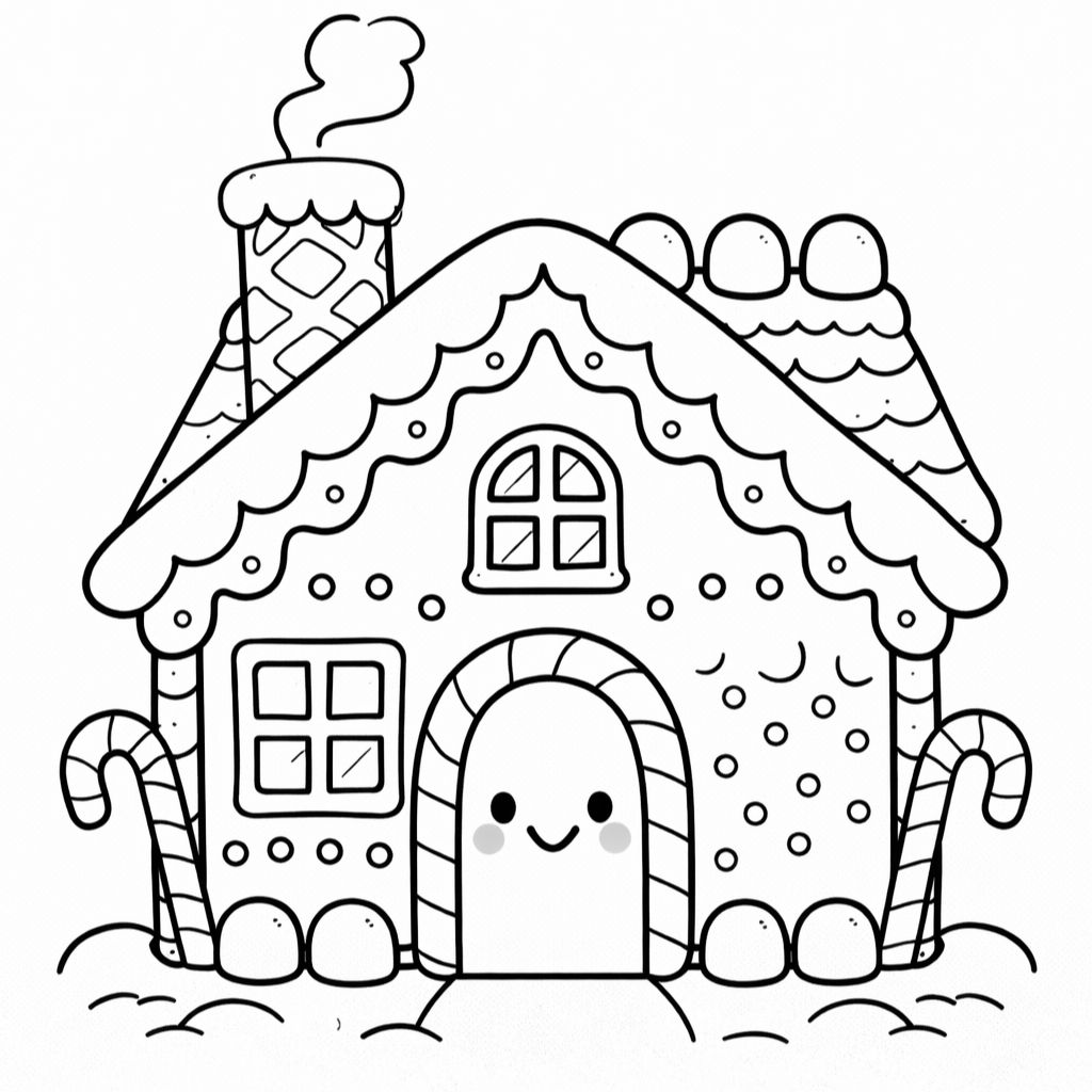 Line drawing of a gingerbread house with candy decorations, a chimney, candy canes, and a smiling door—perfect for Christmas coloring pages or printable coloring pages.