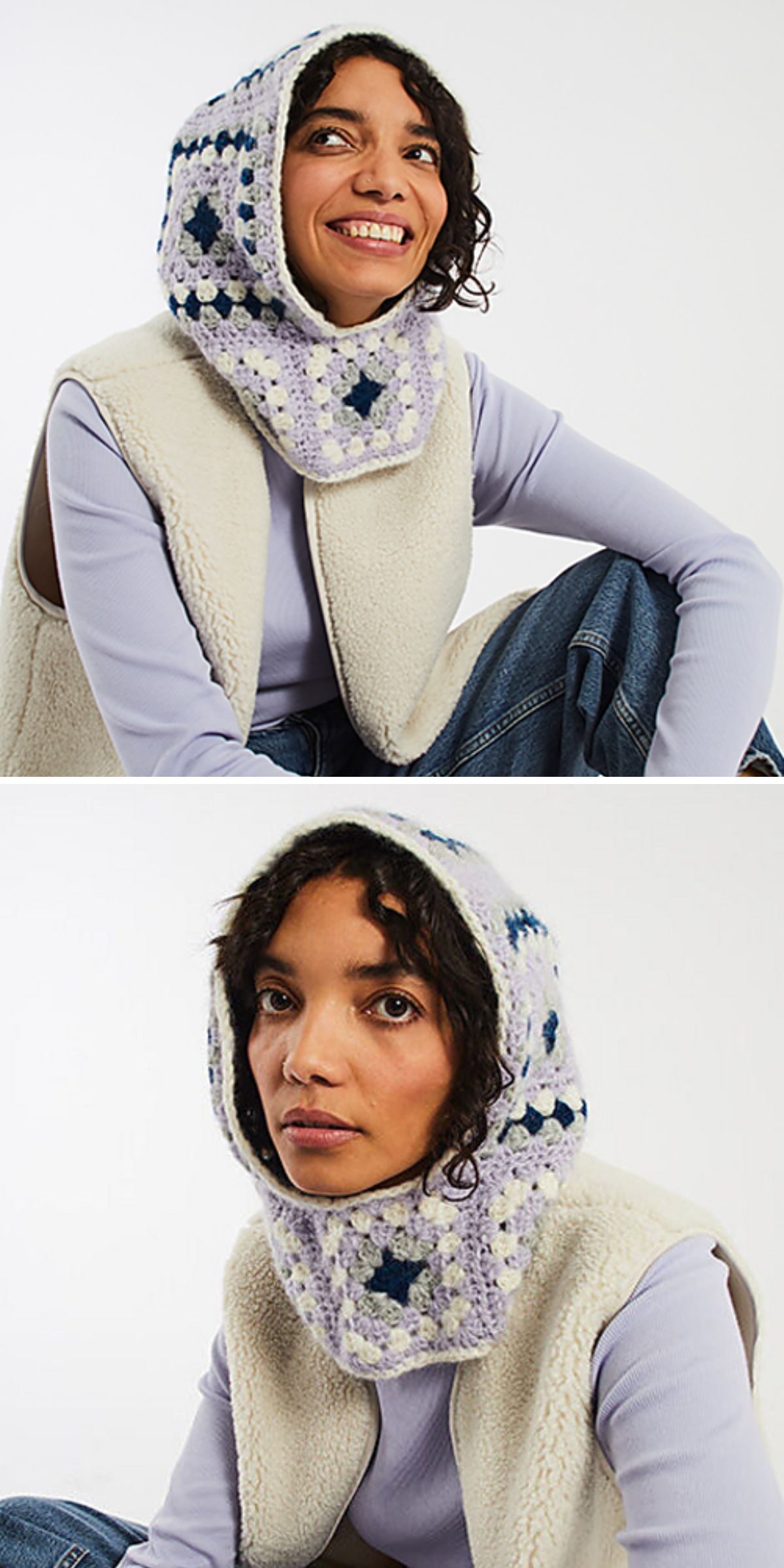 A person wearing a cream fleece vest, light purple long-sleeve shirt, and a crocheted hood with bold crochet designs sits against a plain background.