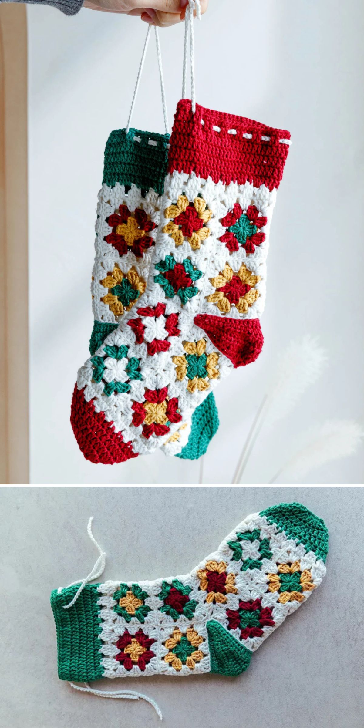 Two Crochet Christmas Stockings made with red, green, white, and gold granny squares — one hanging and one unfinished — are displayed on a light surface.