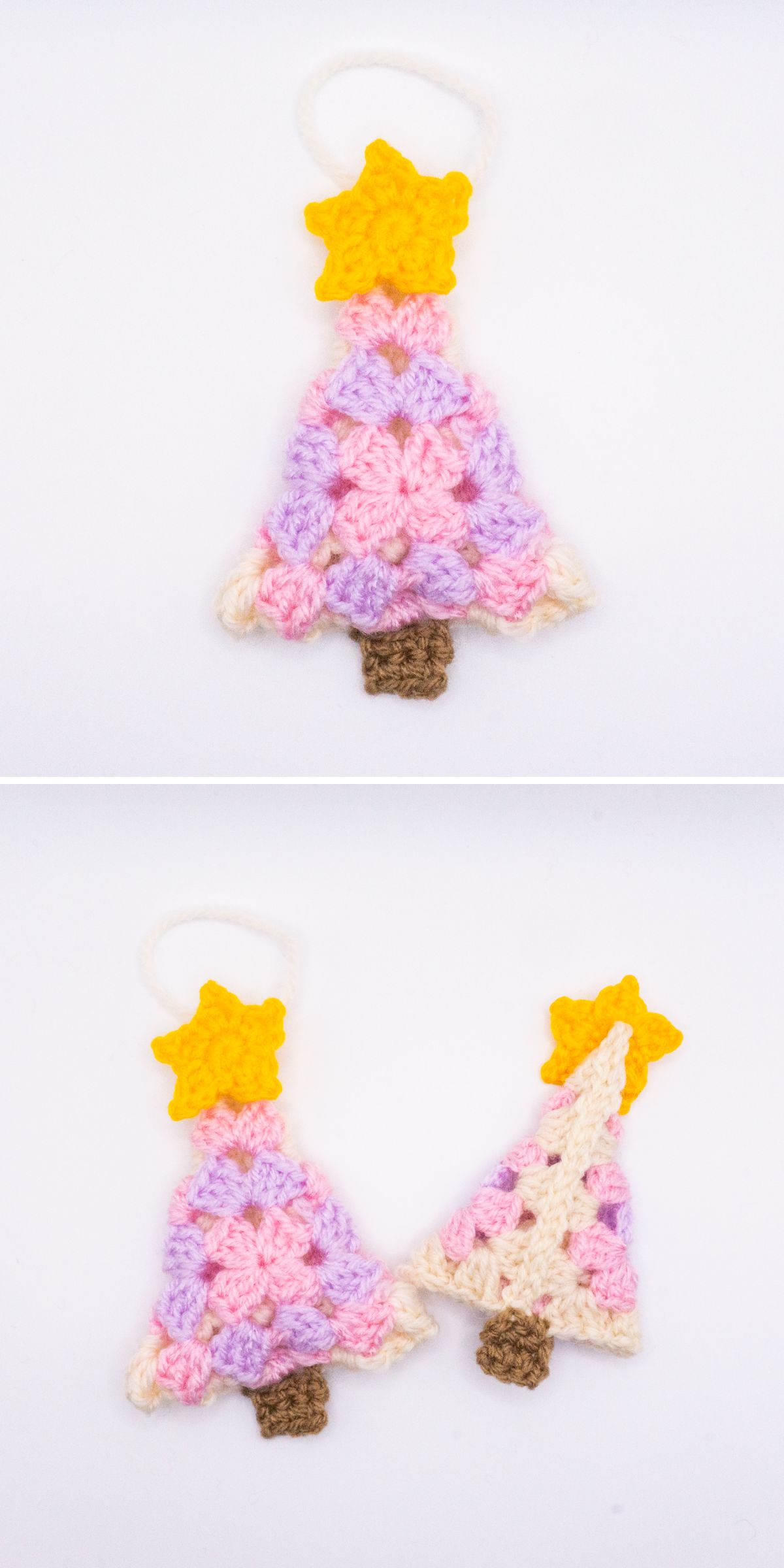 Two photos show a crochet Christmas tree ornament with a yellow star on top; the second photo displays both the front and back of the festive decoration.