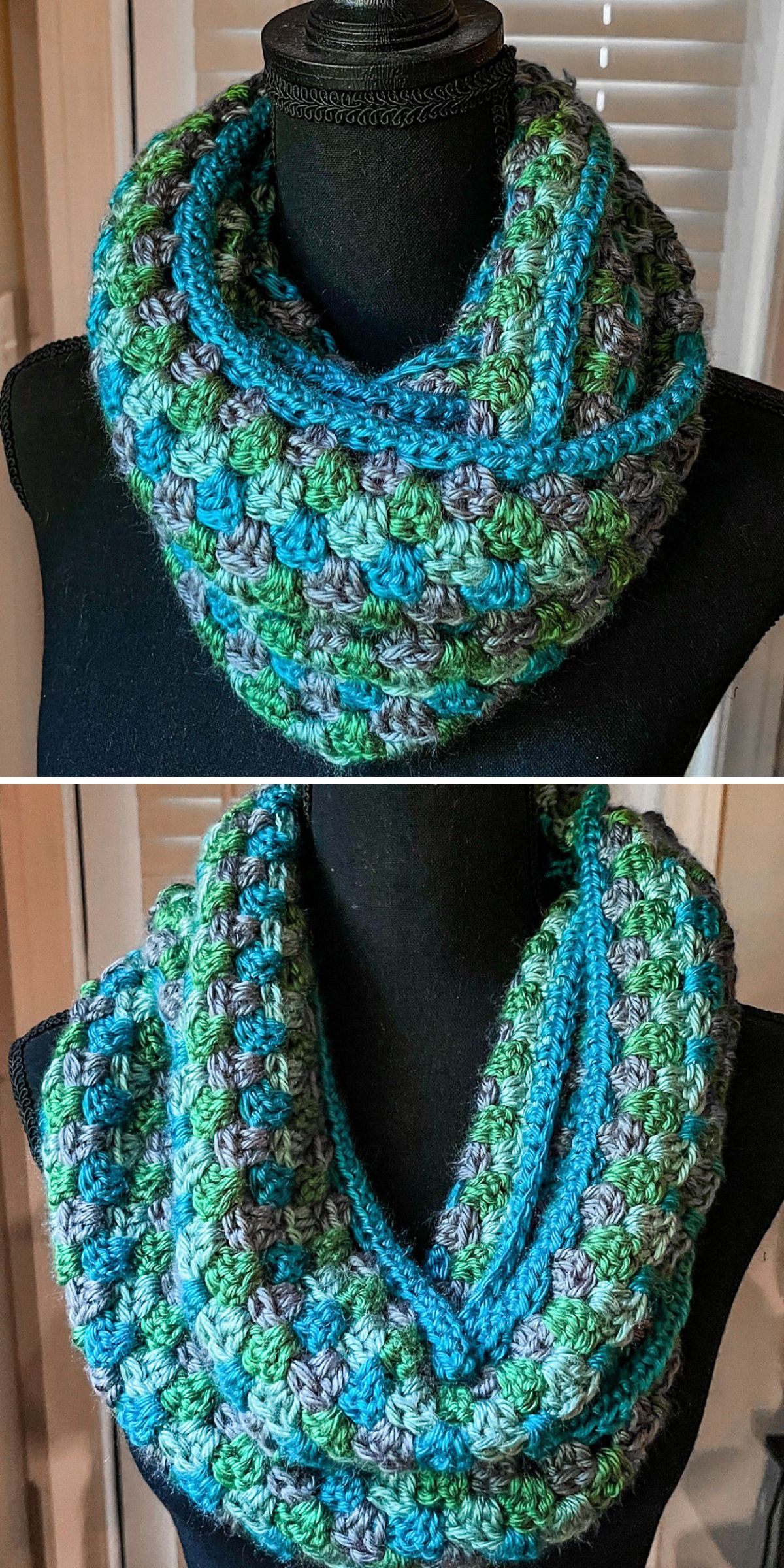 Crochet Infinity Scarf in blue, green, and gray yarn displayed on a black dress form, shown from two different angles.