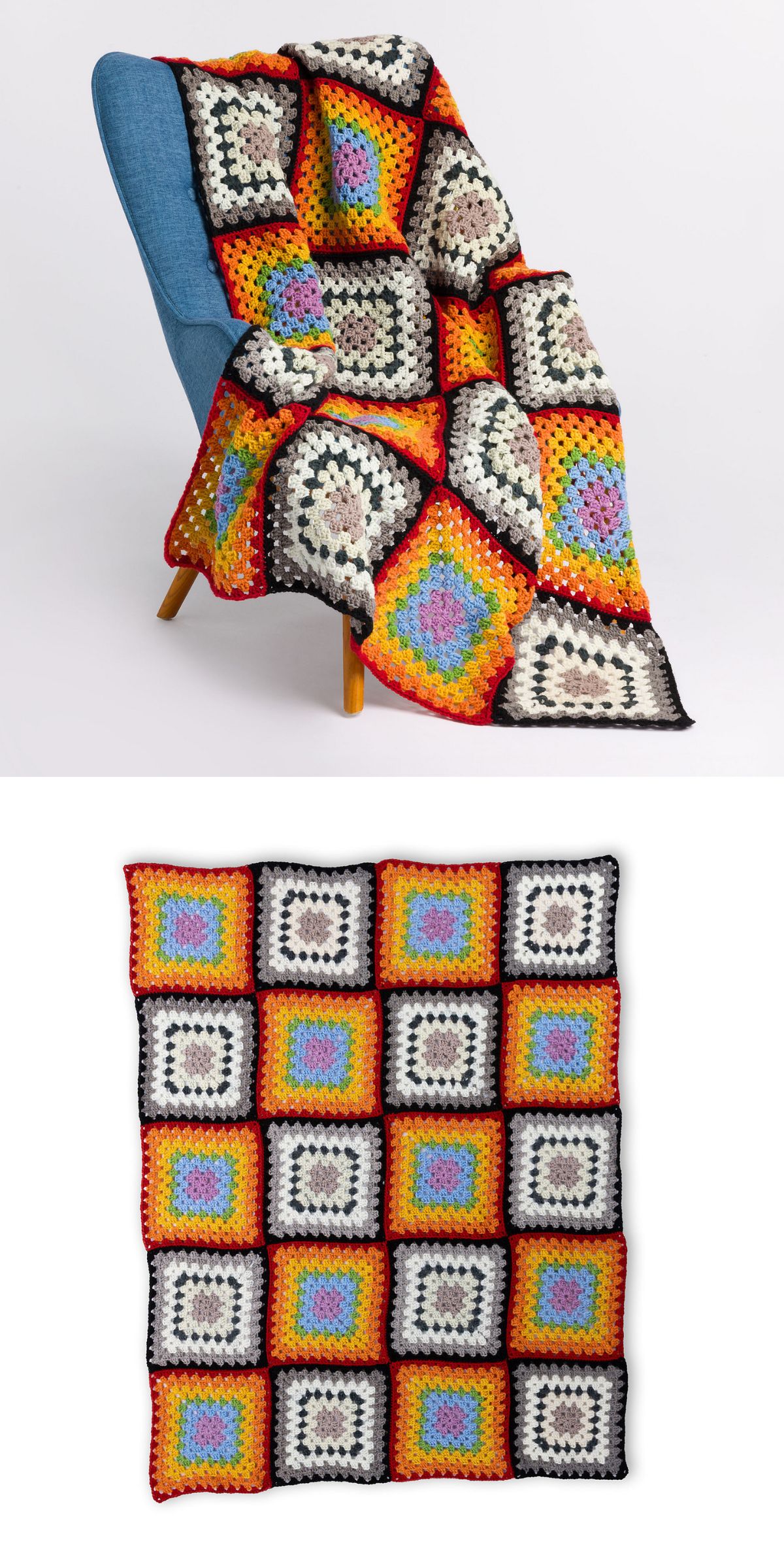 granny squares blanket in orange hues on an armchair