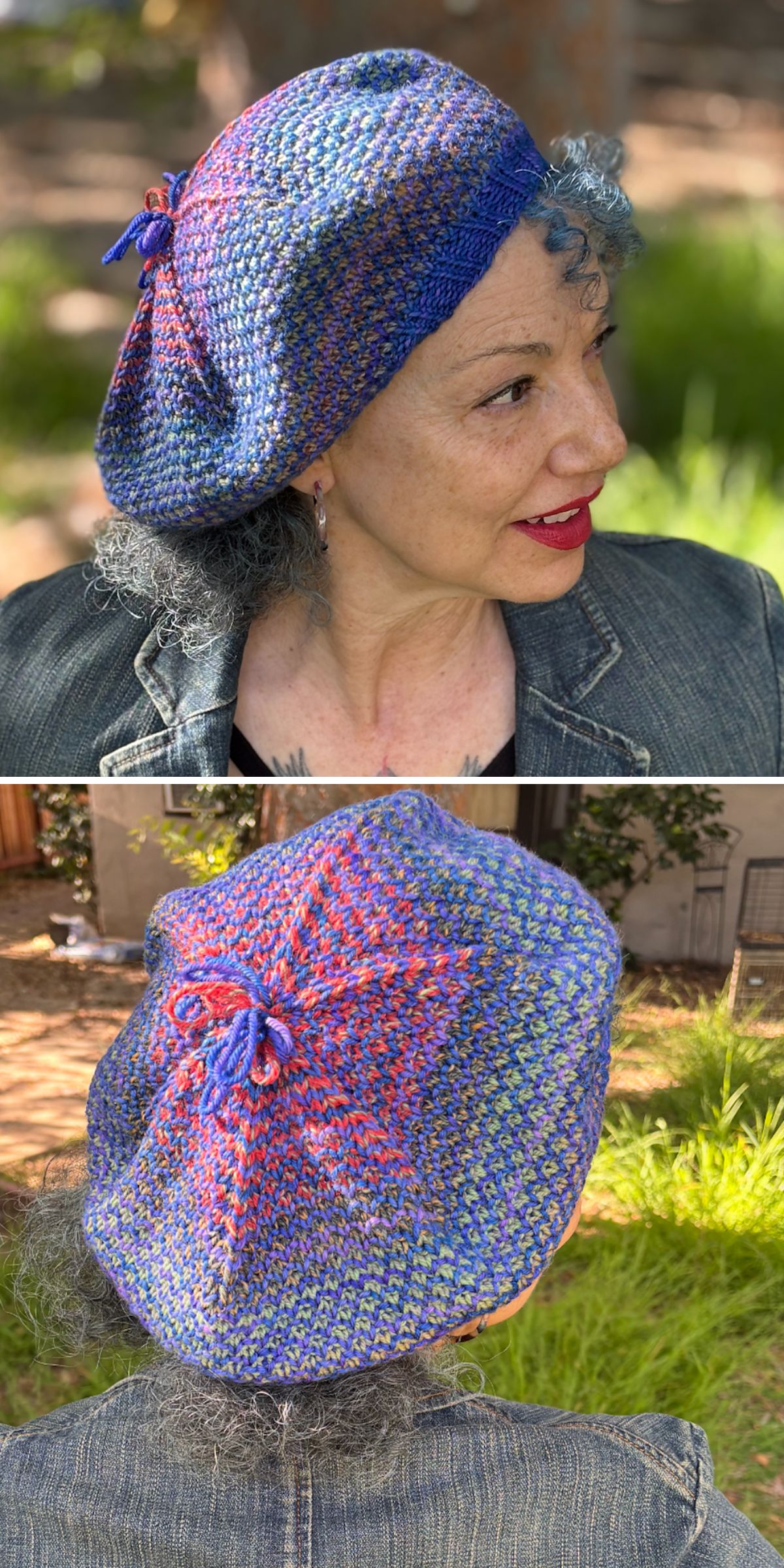 A woman with curly gray hair wears a vibrant knitted beret adorned with a blue bow, shown from front-side and back angles, outdoors in a green, sunlit setting.