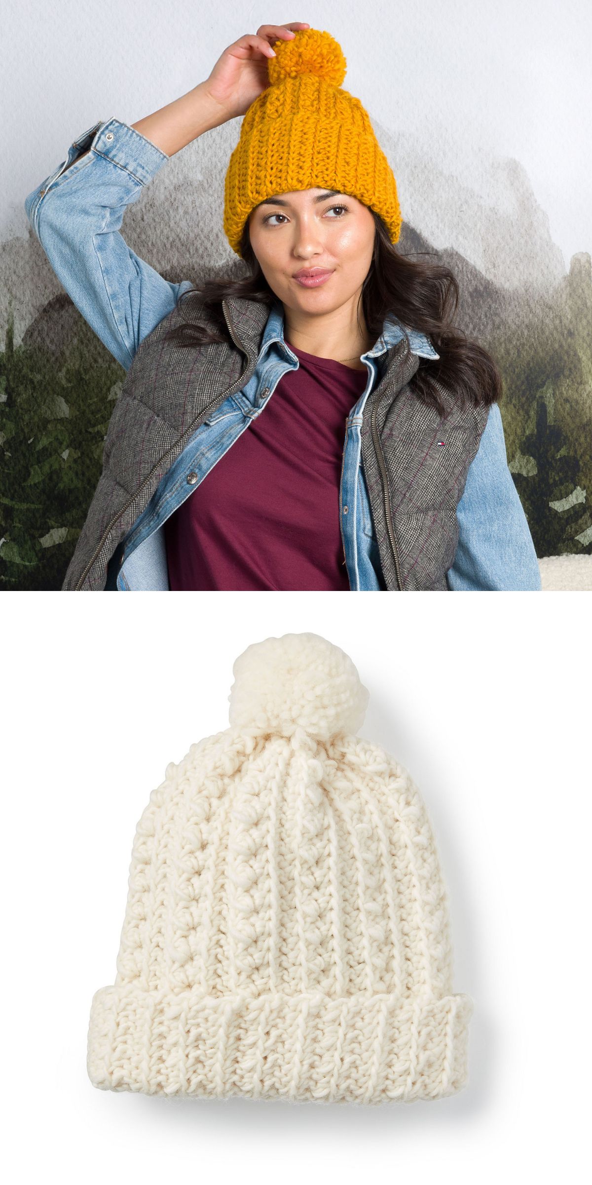 a lovely yellow textured crochet beanie with pompom on a woman