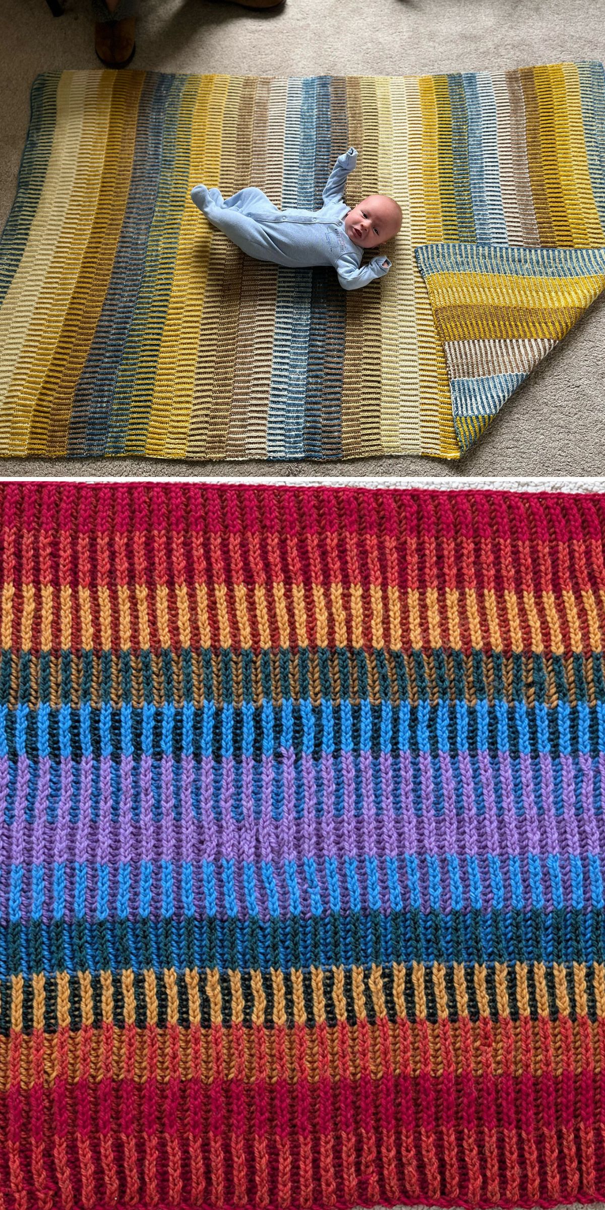 a striped knit blanket on the floor and a newborn on it