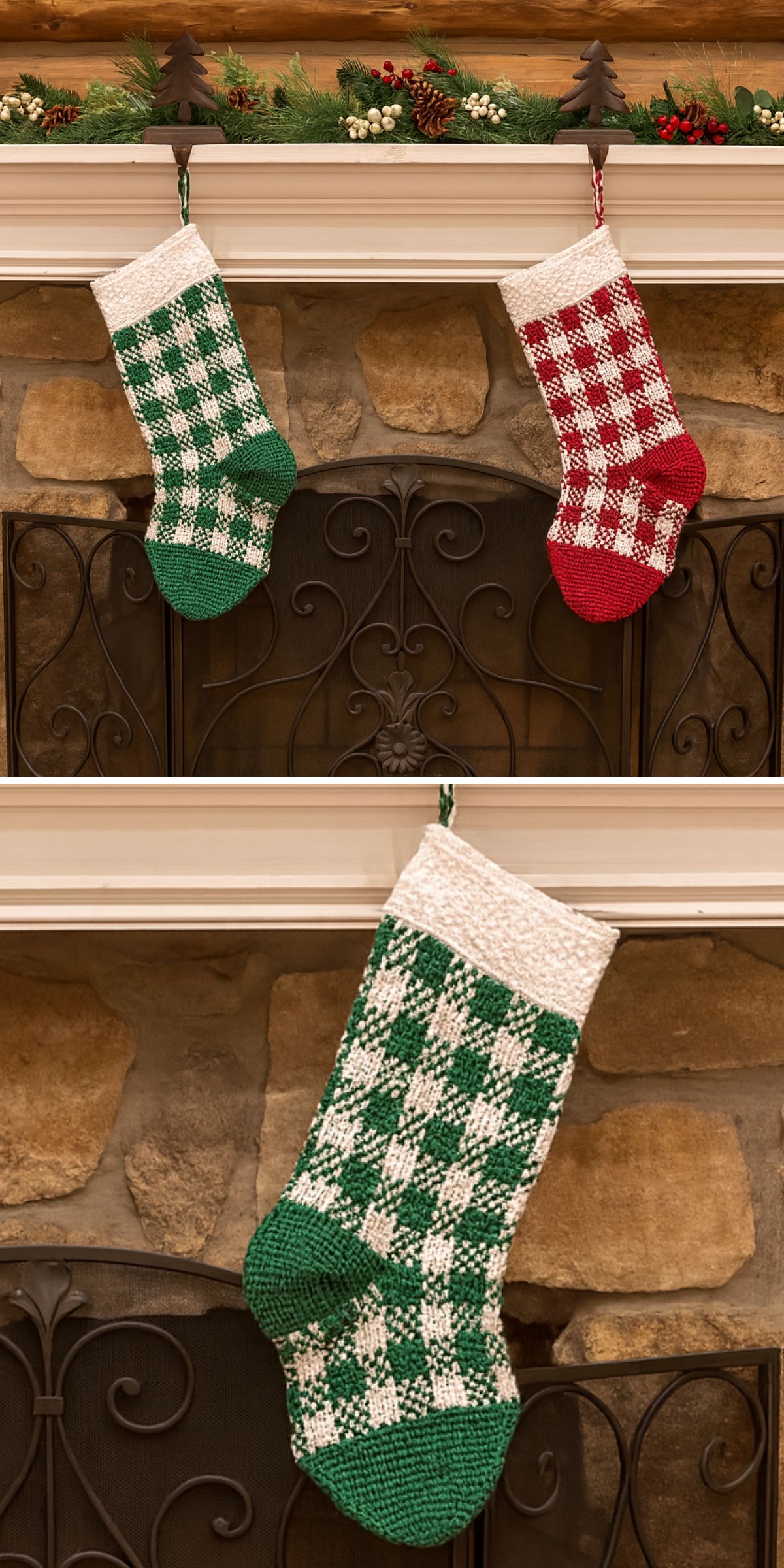 Two images show Crochet Christmas Stockings with a plaid pattern hanging from a fireplace mantel — one photo features red and green stockings, while the other displays a single green stocking.