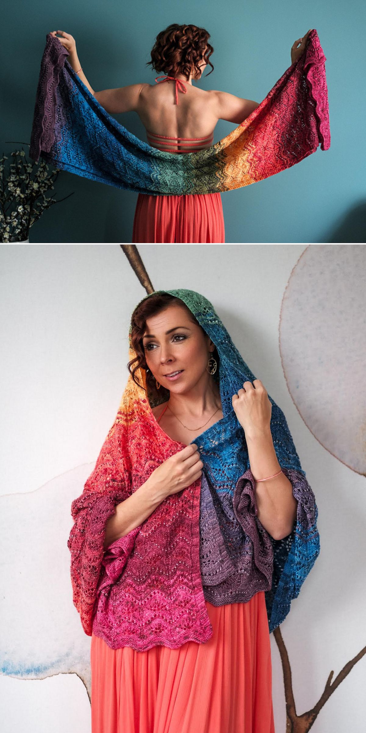 Gradient knitted wrap with lace details, modern wrap knitting pattern worn as a shawl