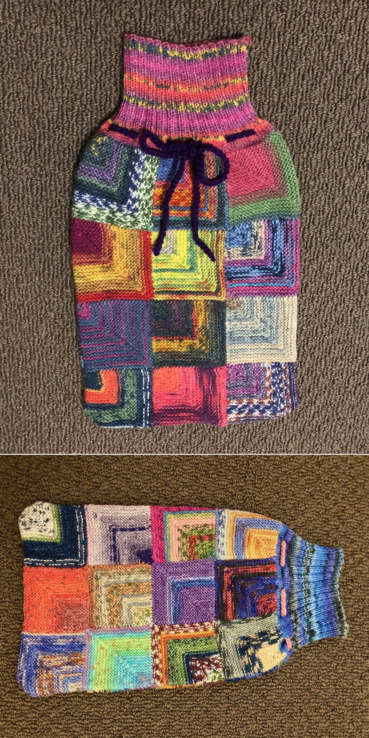 Two images show a multicolored knitted hot water bottle cover with a drawstring neck, crafted from various yarn squares — ideal for small projects — laid flat on a carpeted surface.