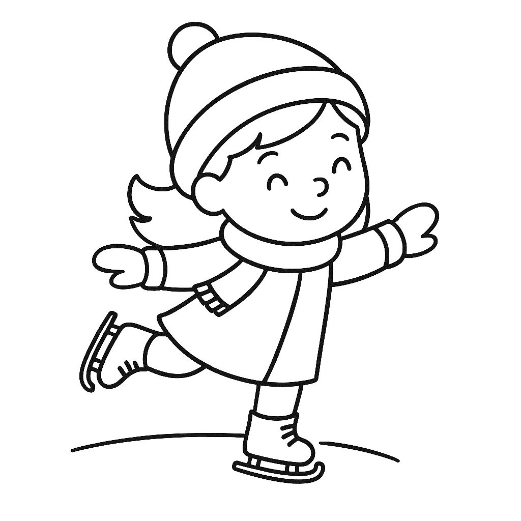 A child wearing a hat, scarf, and coat is ice skating with one leg raised and arms outstretched, smiling—perfect inspiration for winter coloring pages.
