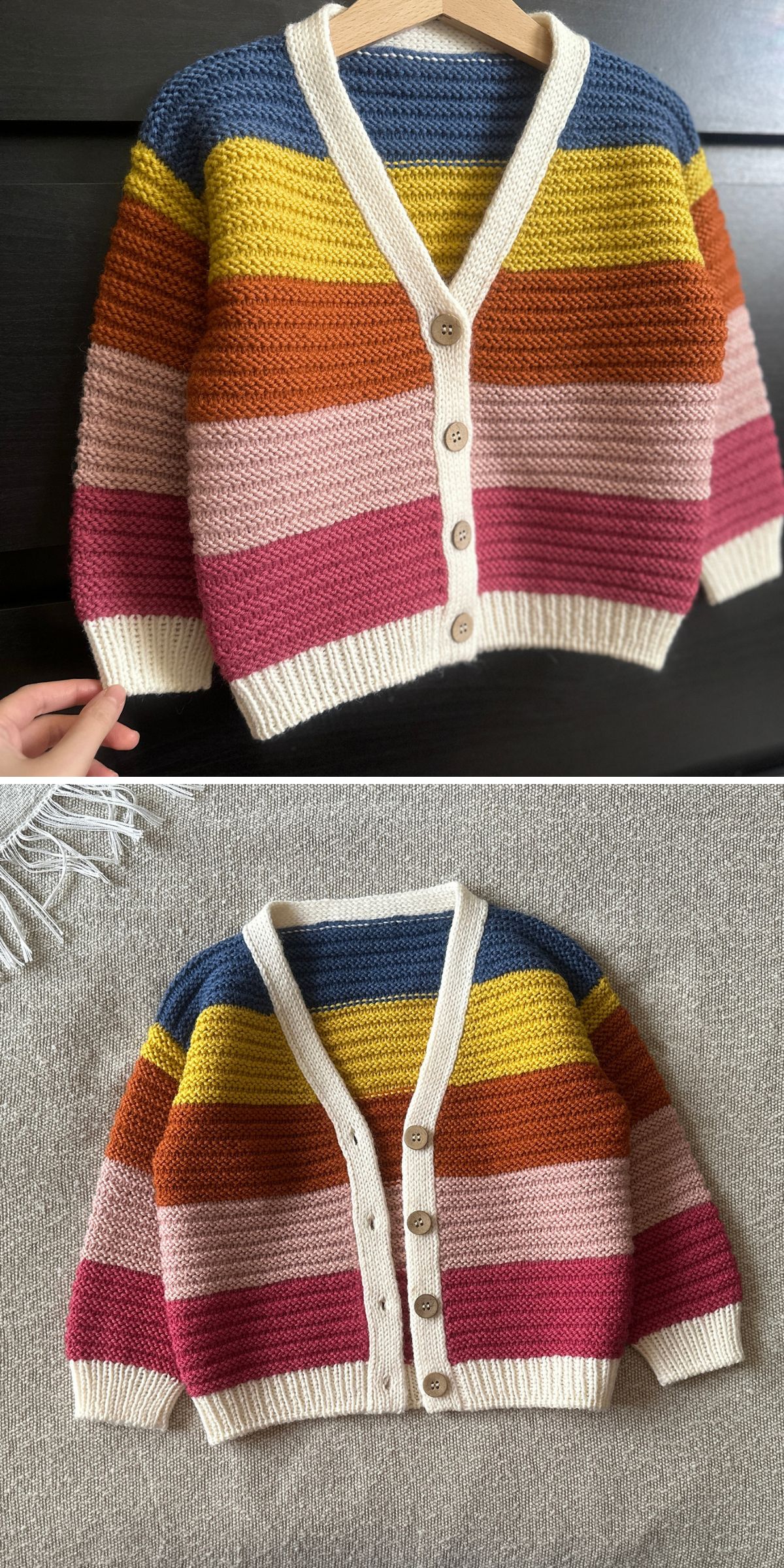 bright children's knit cardigan with bold colorful stripes
