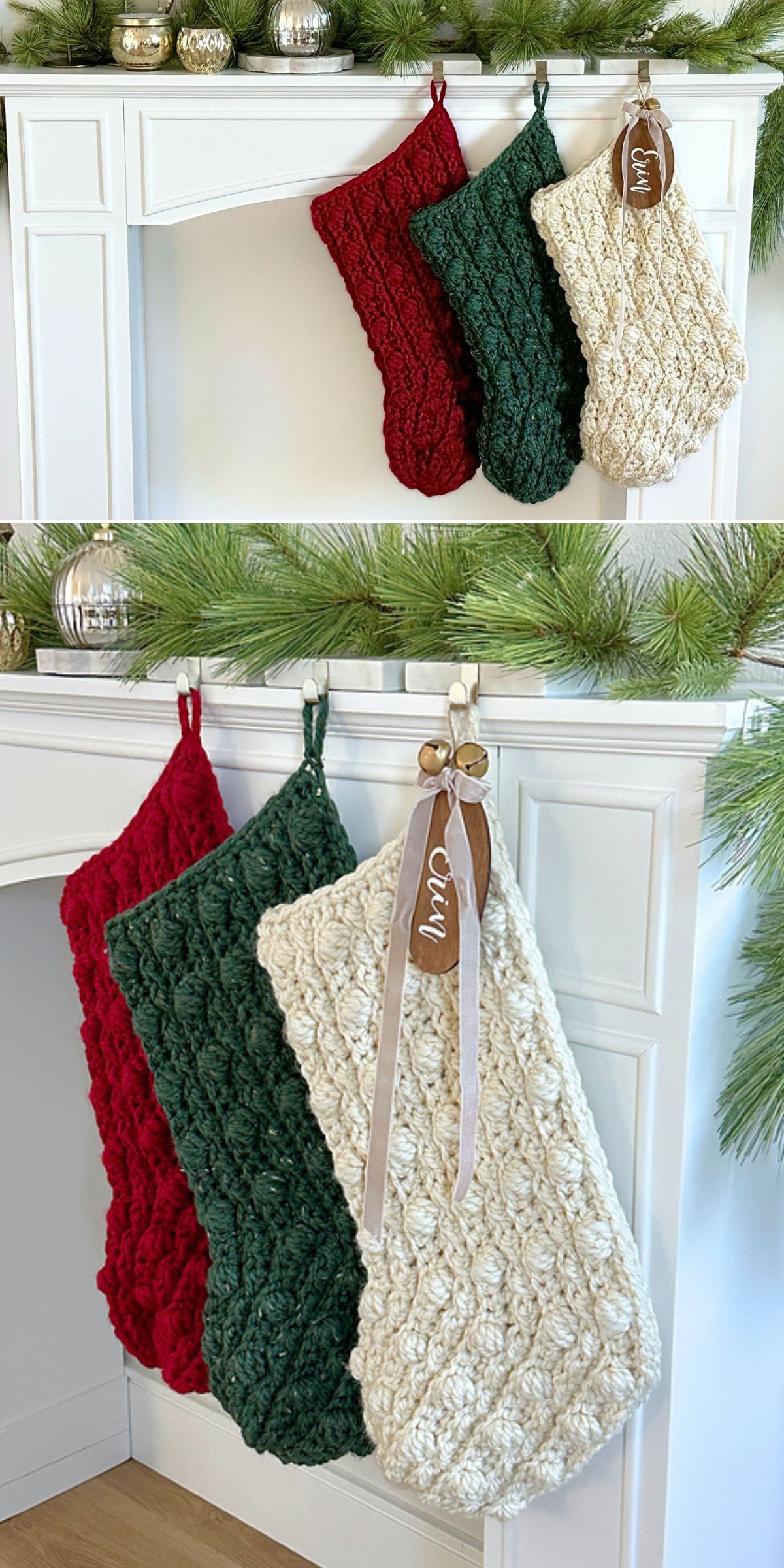 Three Crochet Christmas Stockings—red, green, and cream—hang from a white mantel decorated with pine branches and ornaments. The cream stocking features a wooden name tag.
