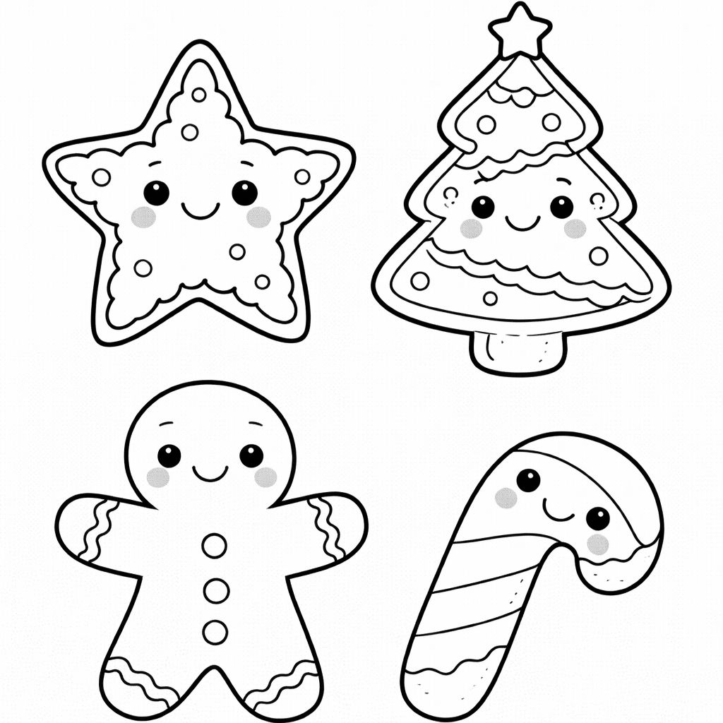 Black and white illustration of four smiling Christmas cookies—a star, tree, gingerbread person, and candy cane—perfect for free, printable Christmas coloring pages.