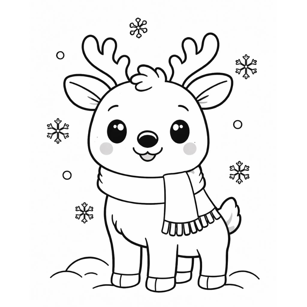 Line drawing of a smiling reindeer wearing a scarf, standing in the snow with snowflakes falling around it—perfect for kids as a free printable Christmas coloring page.