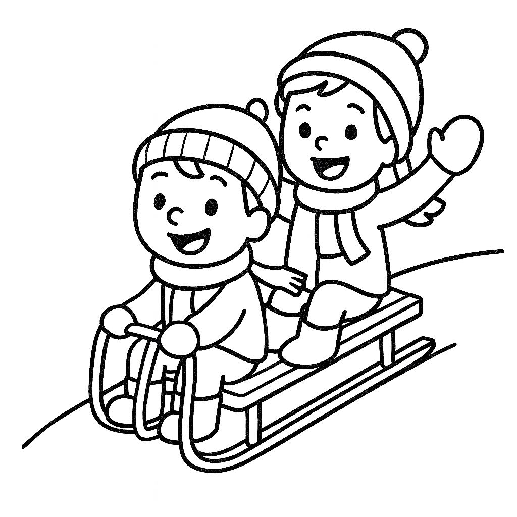Two children in winter clothes ride a sled down a hill; one steers while the other sits behind, waving and smiling—perfect inspiration for winter coloring pages.